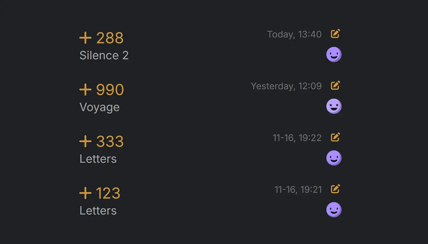 progress log of writing sessions with timestamps and word counts