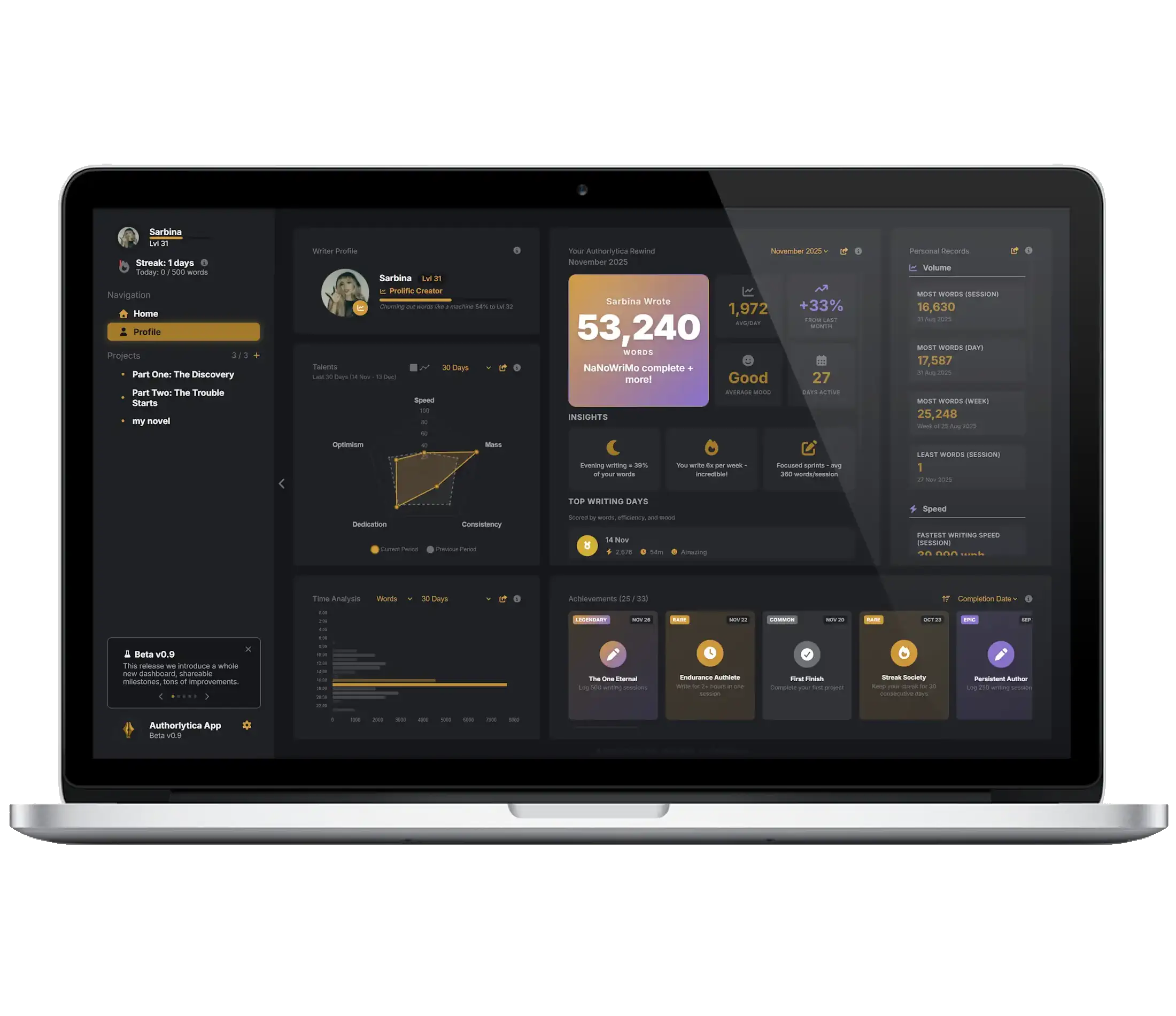 Authorlytica word tracker and word count dashboard on laptop - profile dashboard