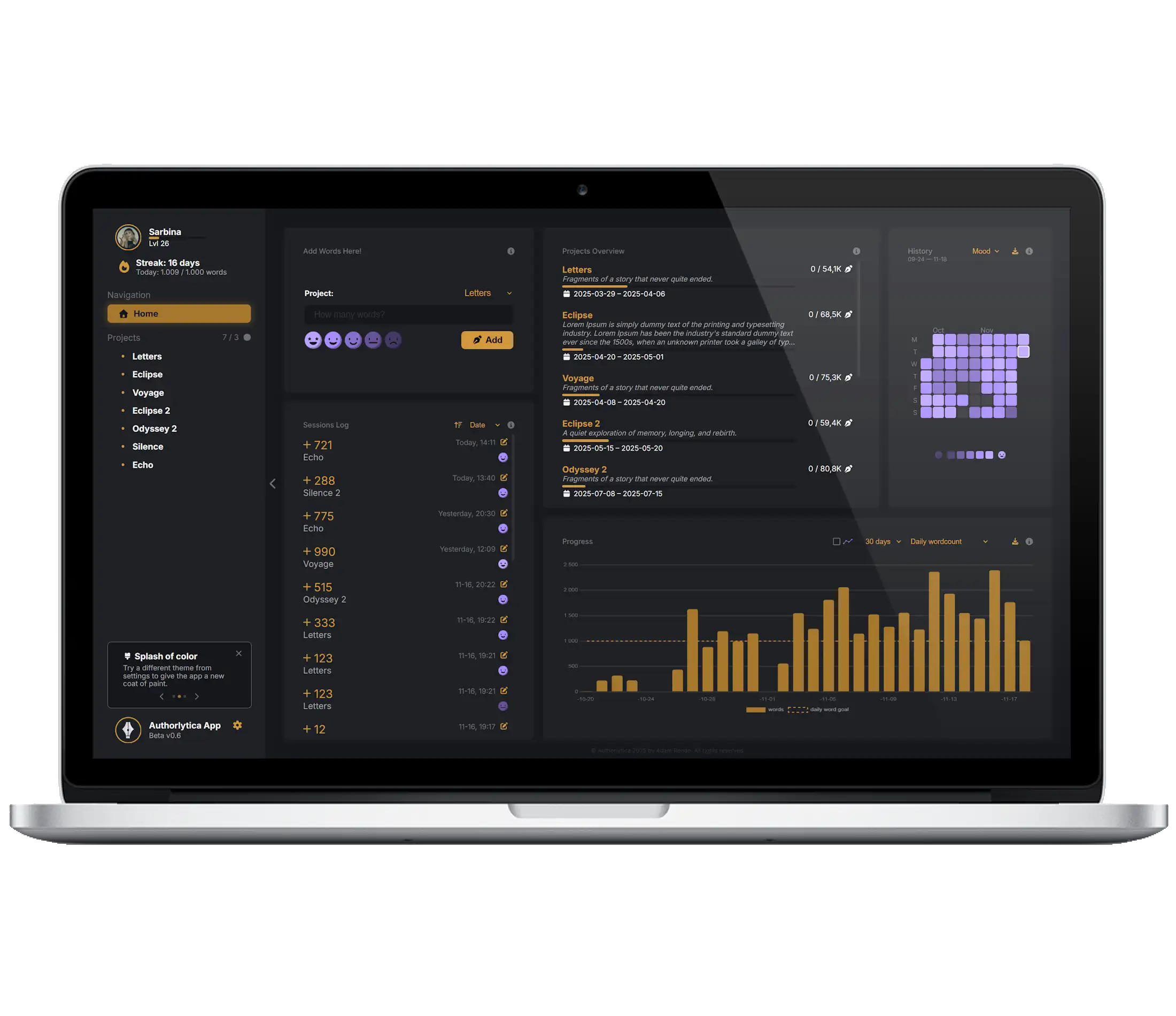 Authorlytica word tracker and word count dashboard on laptop