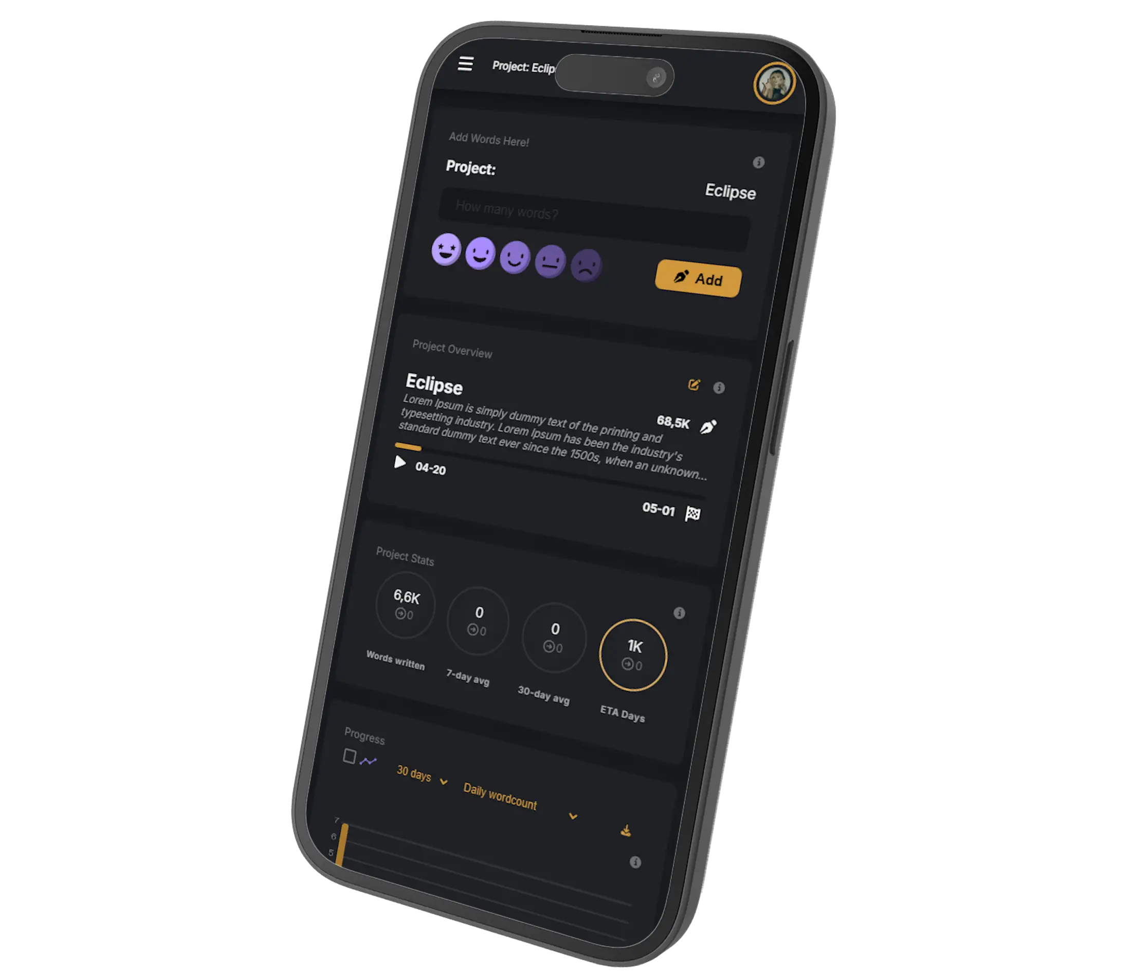 Authorlytica word tracker and word count dashboard on phone