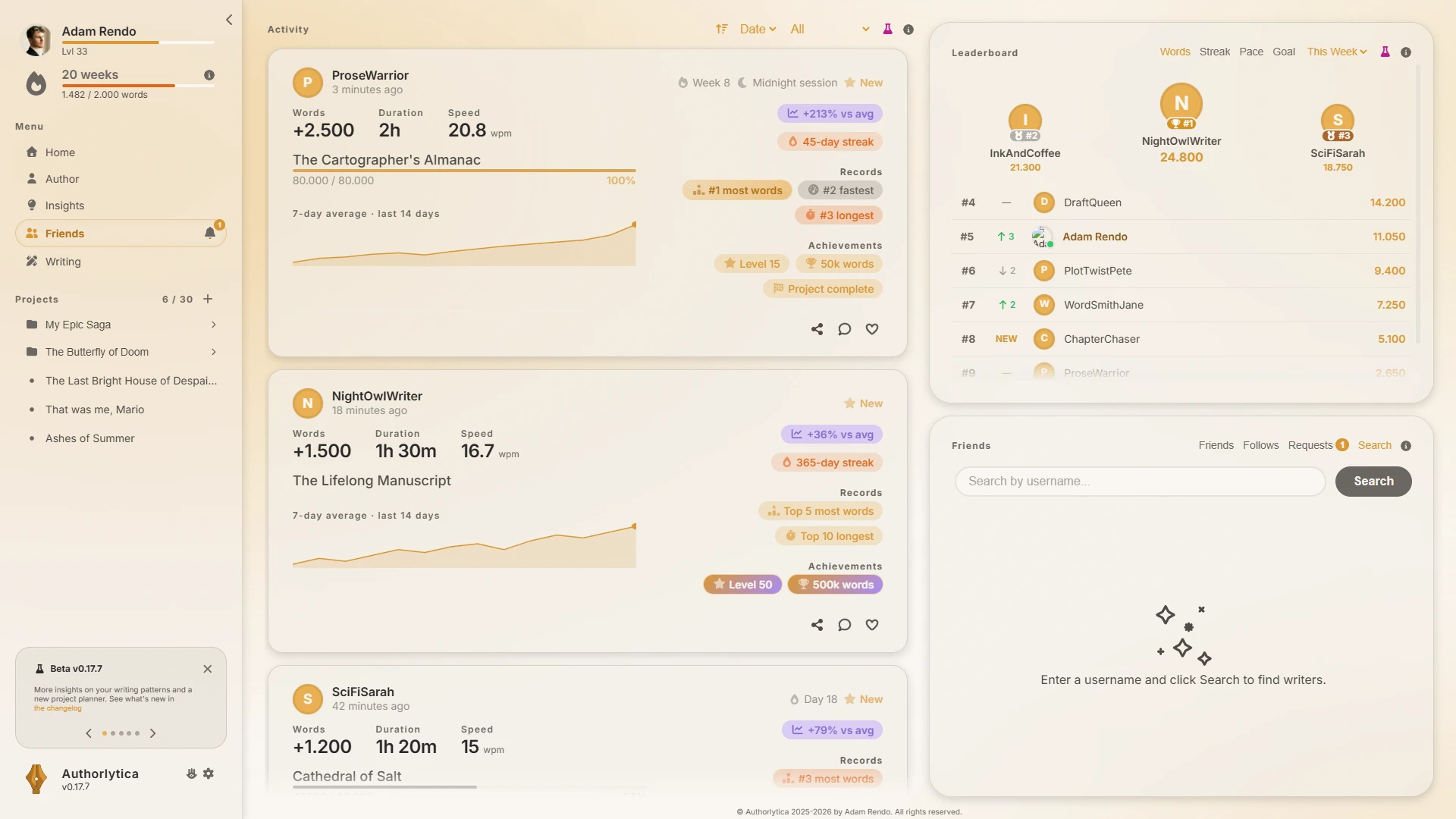 Authorlytica friends activity feed