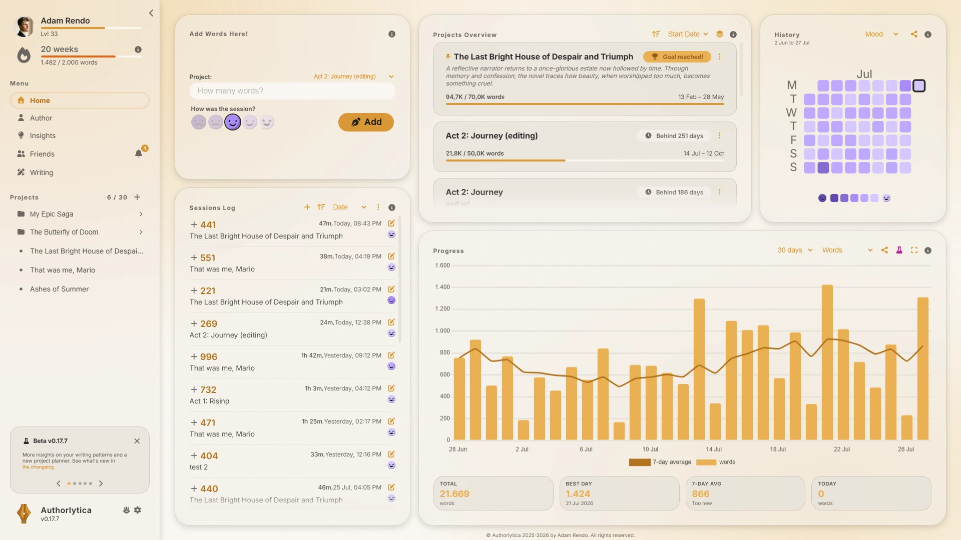 Authorlytica dashboard showing writing stats and streaks