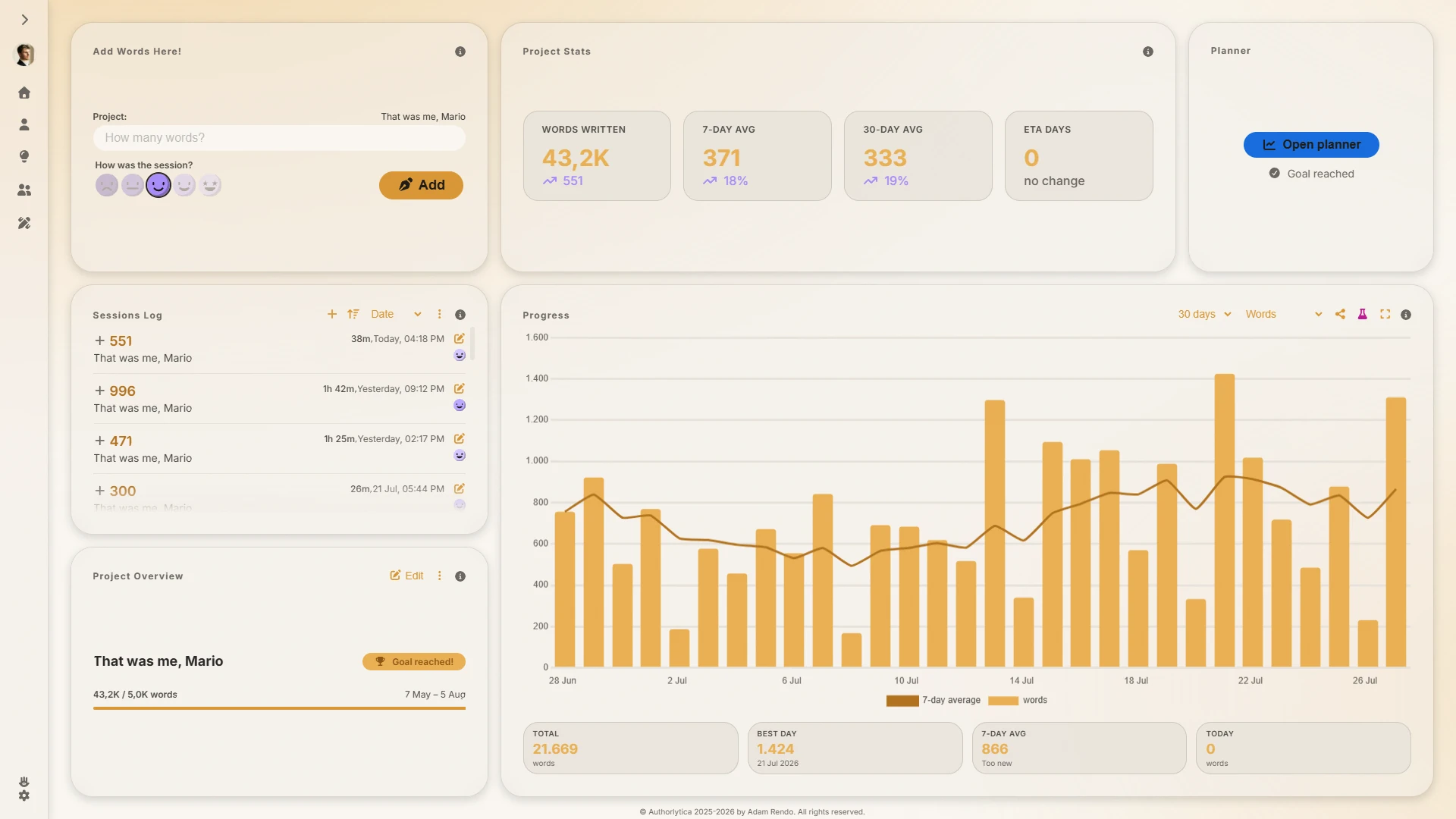 Authorlytica project list view