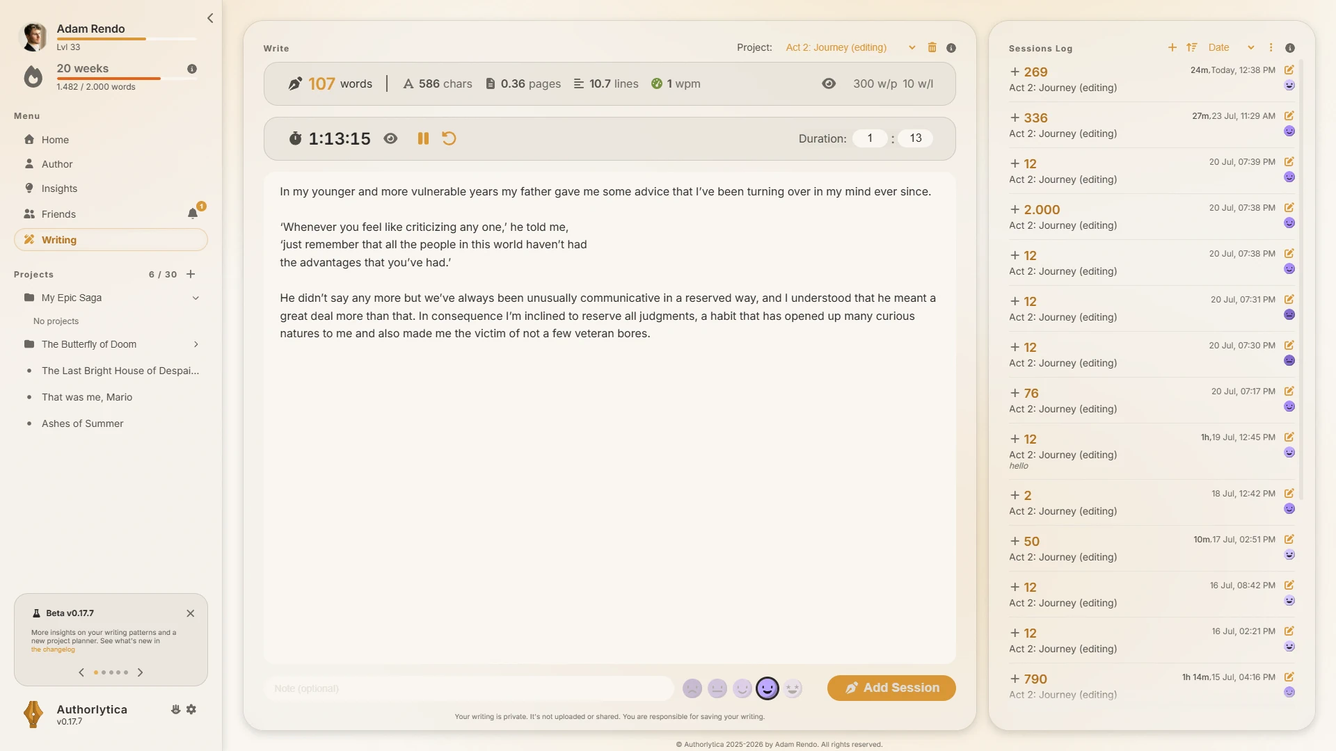 Authorlytica writing session log form