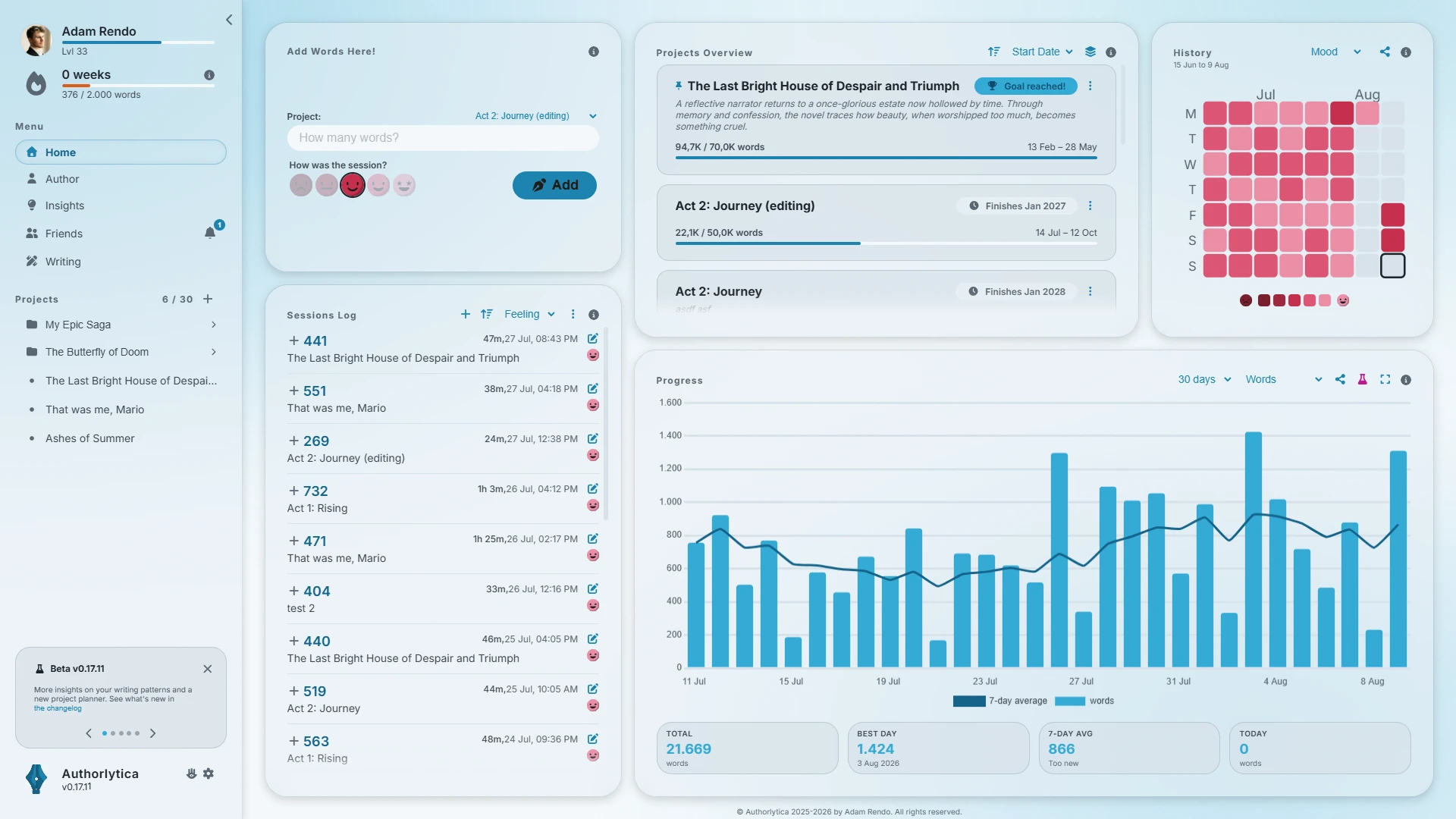 Authorlytica writing tracker dashboard in Winter theme: pale icy blue palette for fantasy writers